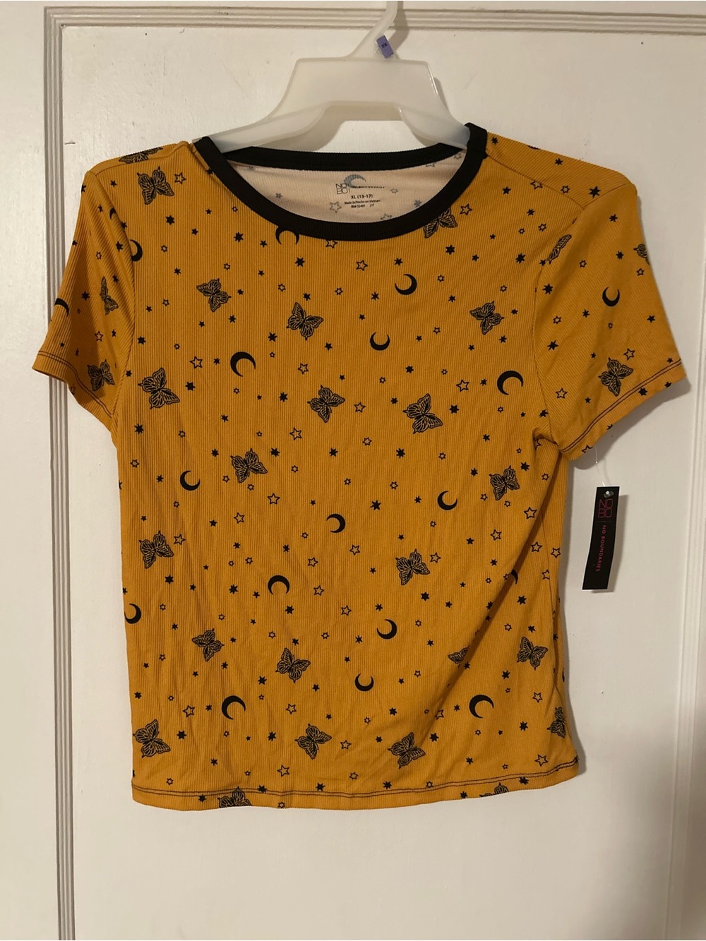 No Boundaries Mustard Tee with Black Stars, Moons & Butterflies